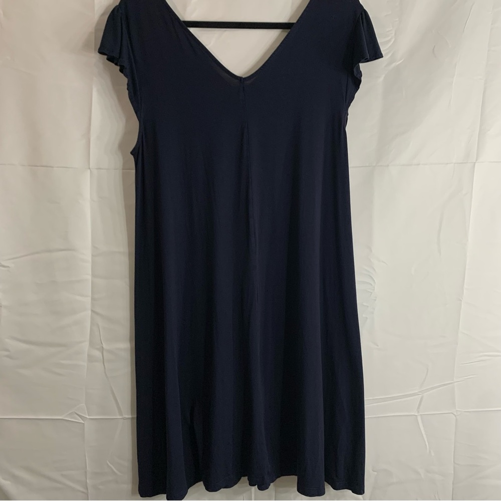 LOFT Navy Blue Short Ruffle Sleeve Floral Detail Midi Dress, size L - Picture 8 of 9